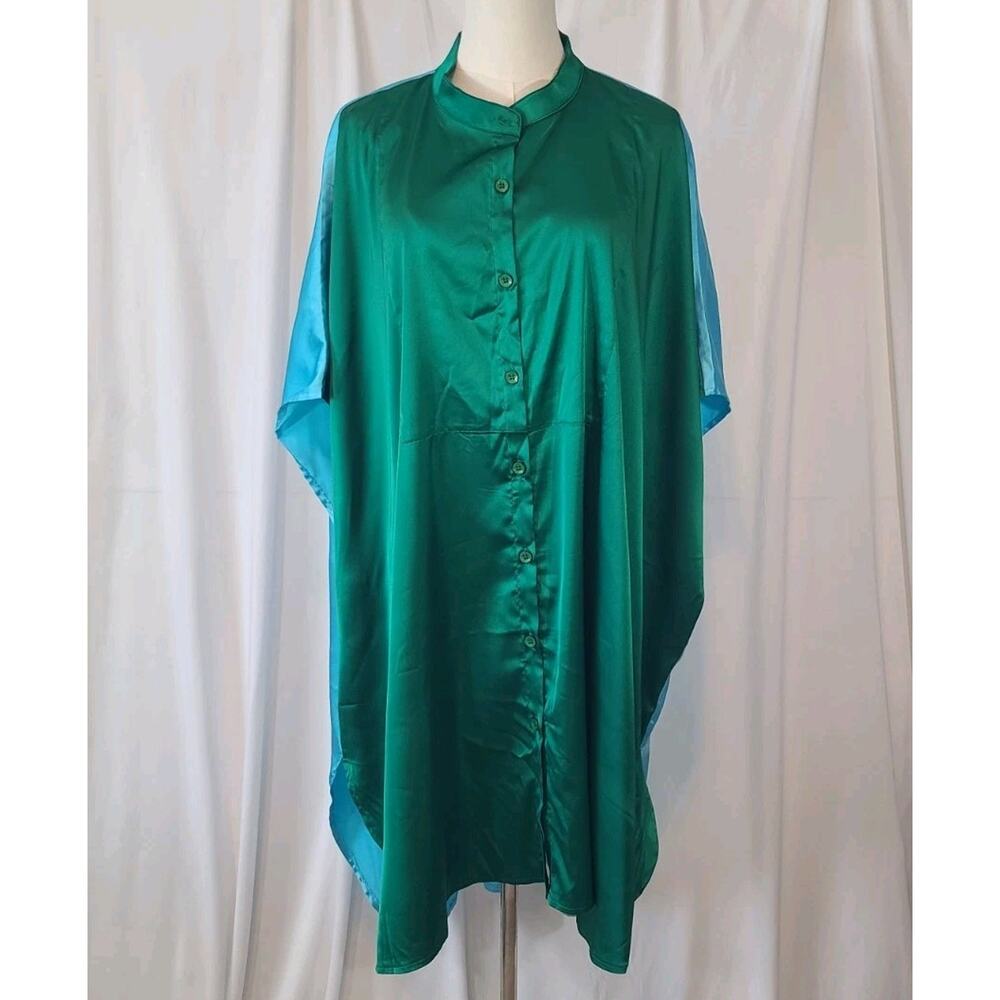 Dressed In Lala Satin Green Blue Oversized Shirt Dress Medium New W/Tag